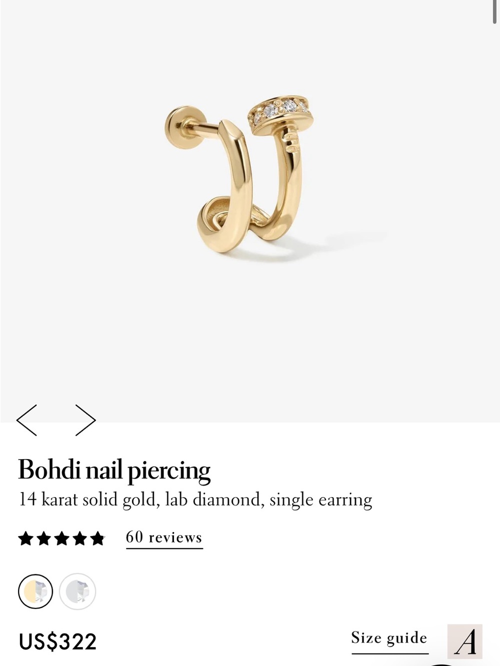 Adornmonde Bohdi Nail Piercing Earring in Yellow Gold with Diamond Accent